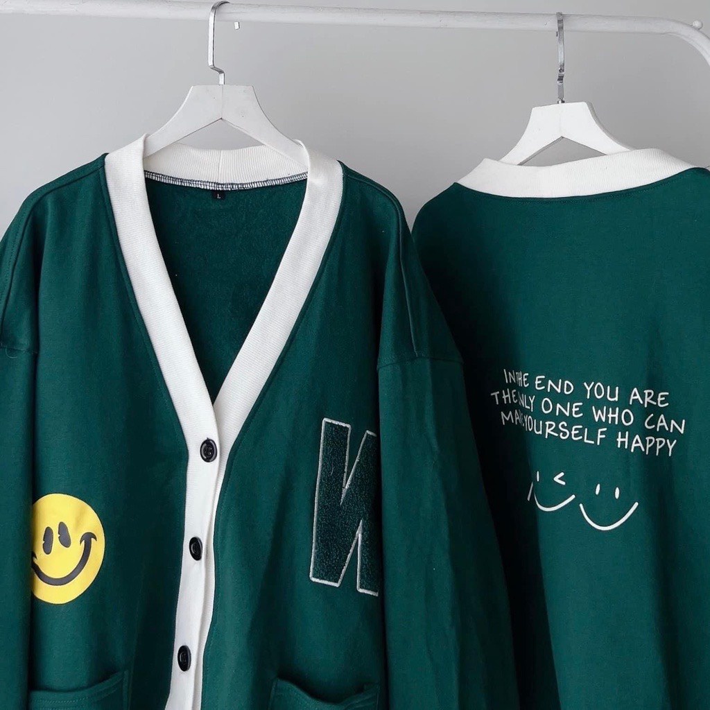 Áo Khoác Cardigan W Mặt Cười Màu Xanh Rêu