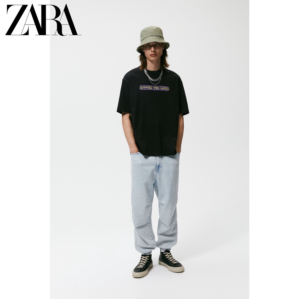 Áo Thun Tay Ngắn Dáng Rộng Chất Liệu Cotton In Chữ Hiệu ZARA Thời Trang Cho Nam 00495302800