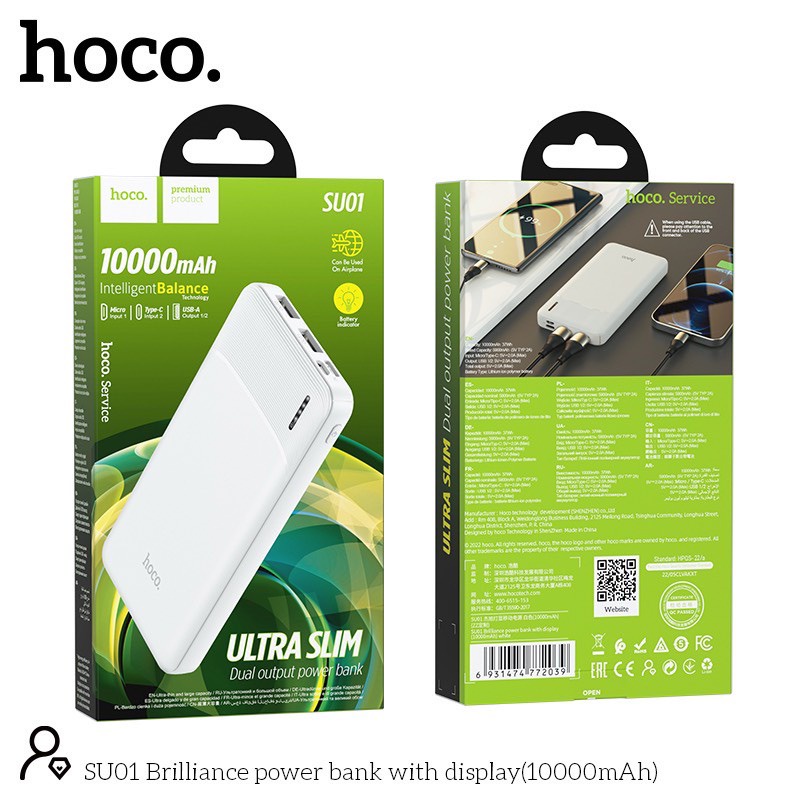 Pin sạc dự phòng SU01 đèn báo pin, 2 cổng ra, tích điện dung lượng 10000mAh - Chính hãng