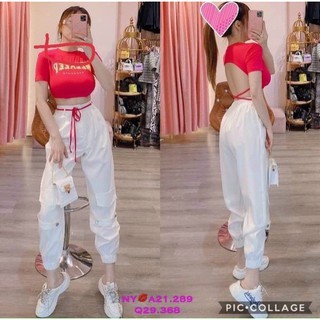 sét bộ áo thun tay ngắn ôm hở lưng đn dây quần gấu dài lưng thun thời trang cá tính trẻ trung TV09