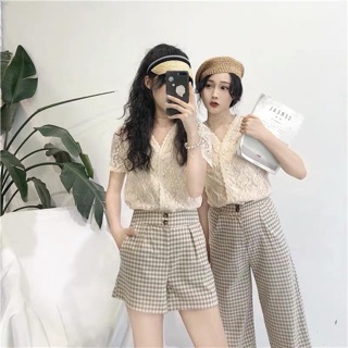 Set áo ren + quần kẻ hàn xẻng