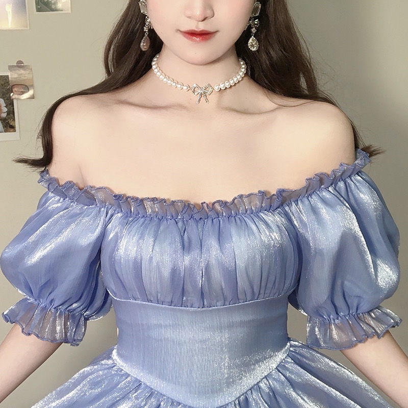 Đầm xanh công chúa thắt nơ cổ tích kèm ảnh thật 🌨