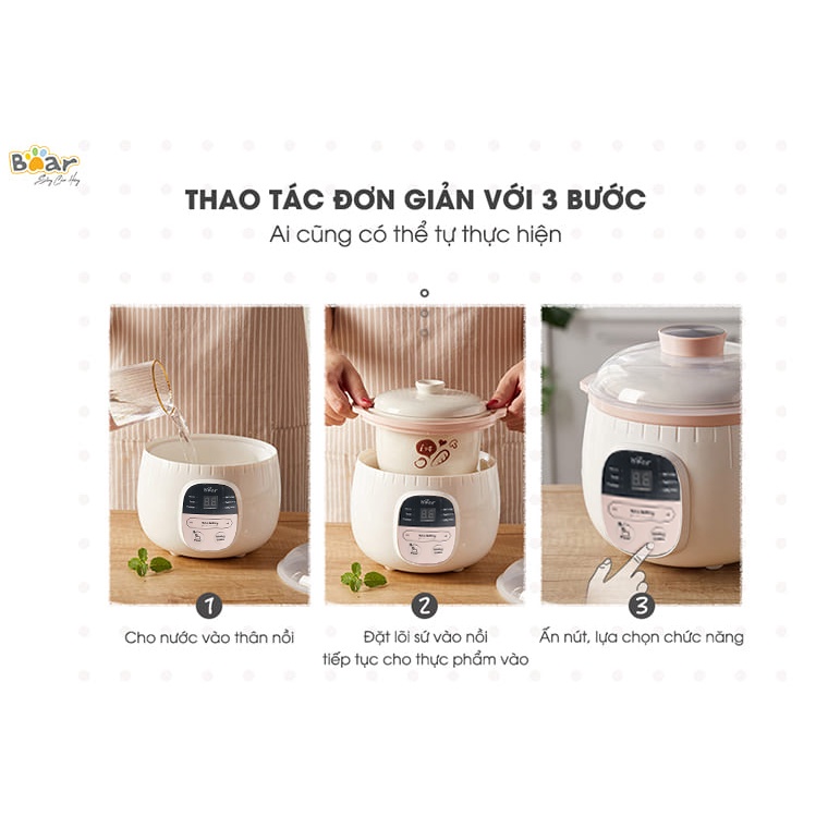 Nồi nấu chậm BEAR, nồi nấu cháo cho bé, ninh, hầm, cách thủy dung tích 0.8L chính hãng Bear bảo hành 18 tháng SUBE-001