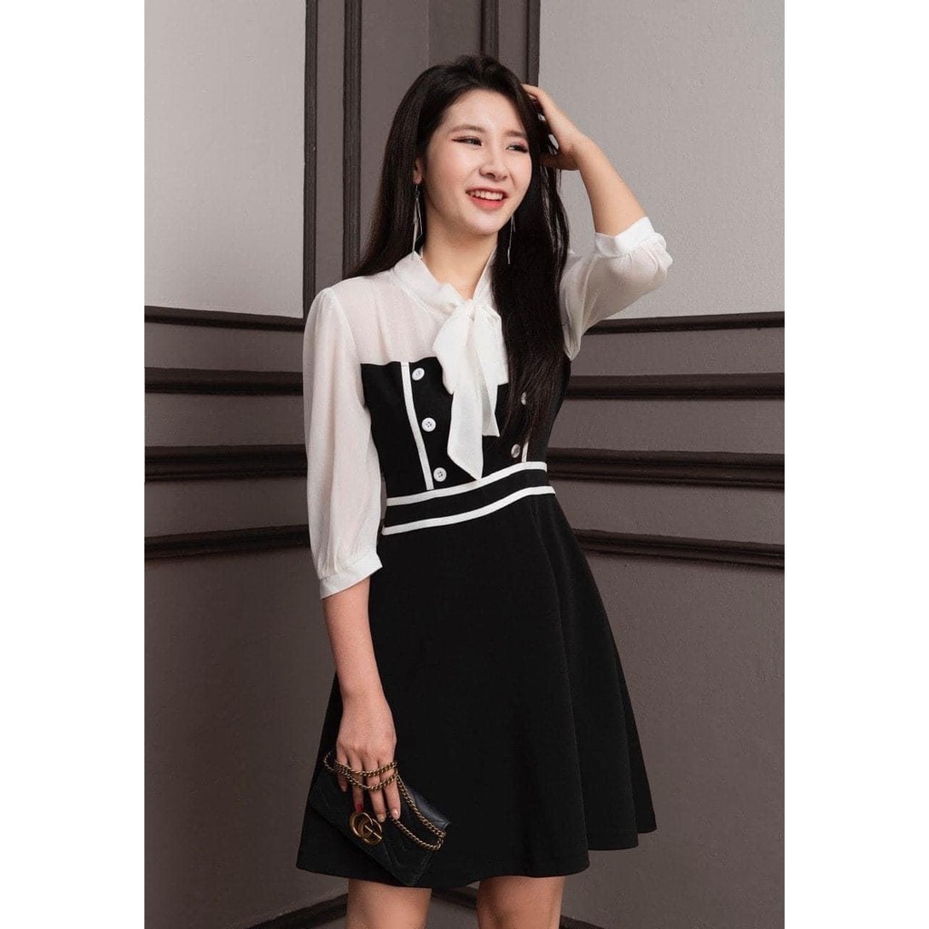 Váy đầm tay voan, dáng xòe dài ngang gối, form rộng