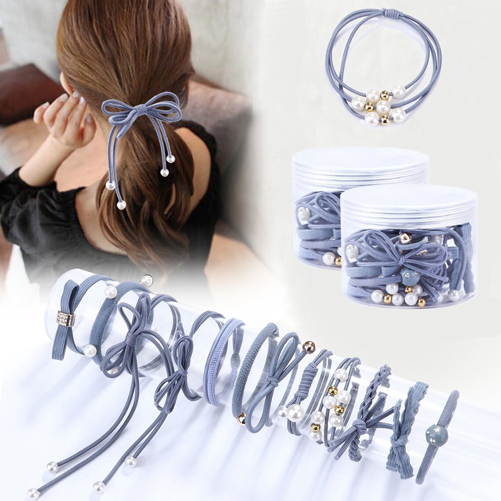 Set 12 dây buộc tóc đàn hồi trang trí ngọc trai xinh xắn