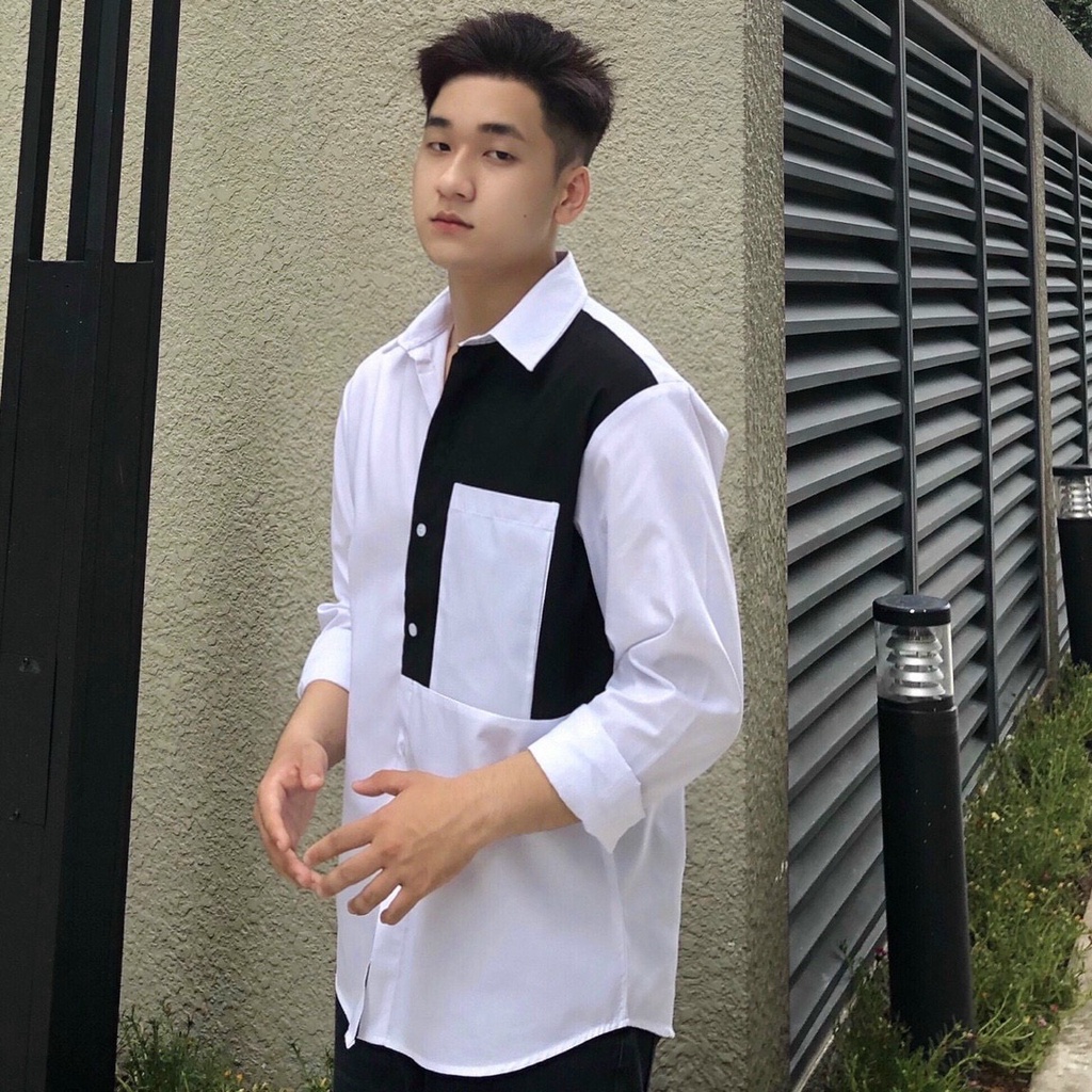 Áo sơ mi phối túi hai màu siêu đẹp