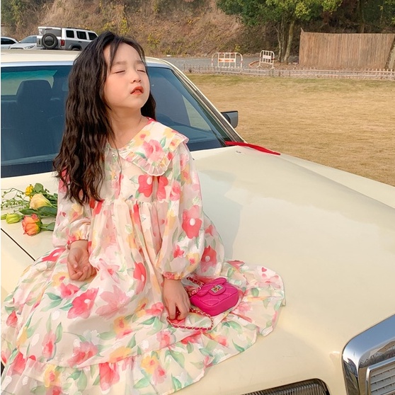 Đầm Voan Tay Dài Kiểu Hàn Quốc Dễ Thương Cho Bé Gái