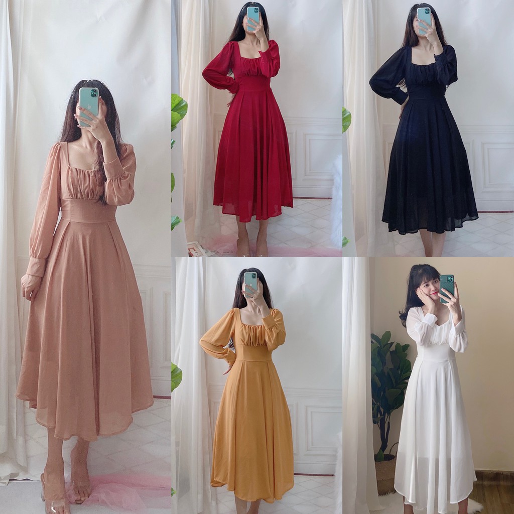 [ẢNH & VIDEO THẬT]_Đầm Midi Voan Chiffon Cổ Vuông Ngực Xếp Ly Freesize 40-60kg HANNHOUSE 1361