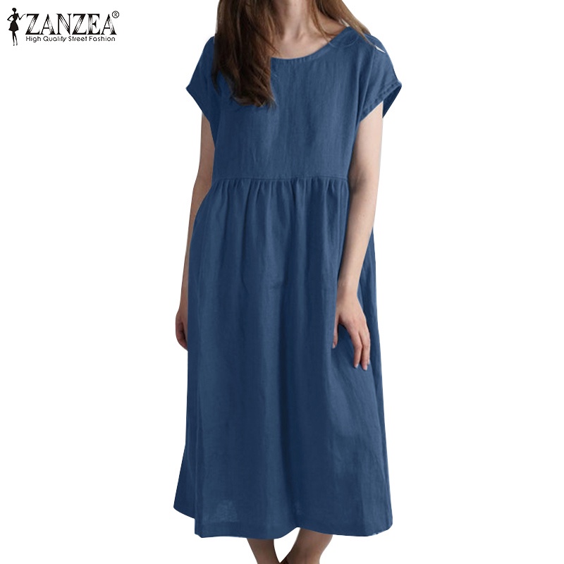 Đầm Dài Tay Ngắn Màu Trơn Có Túi Thời Trang Cho Nữ ZANZEA