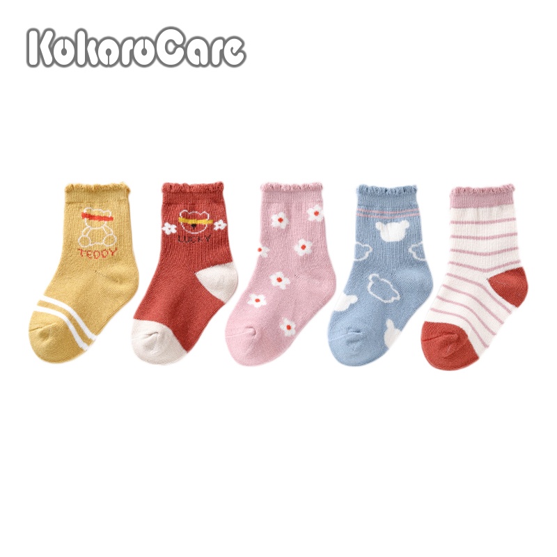 Set 5 Đôi Vớ Cotton Cổ Vừa Họa Tiết Hoa Và Gấu Dễ Thương Cho Bé Gái KokoroCare MF-09 2022 S / M / L 1-8 Tuổi