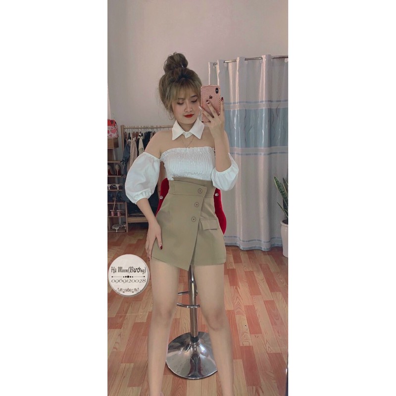 quần giả váy vạt lệch cạp cao