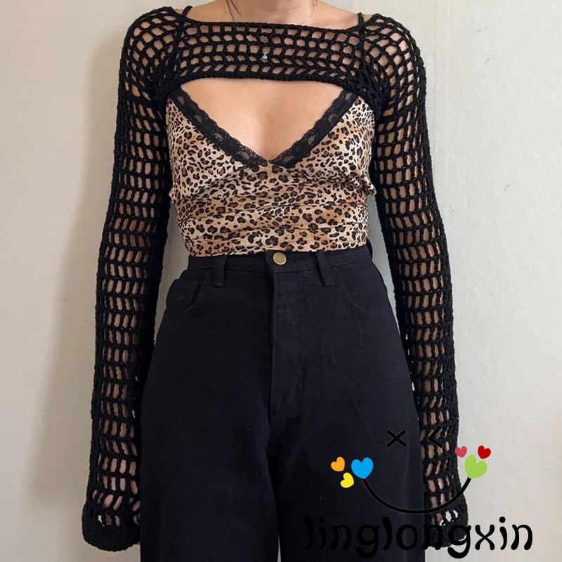 Áo Croptop Dệt Kim Tay Dài Phong Cách Vintage Thời Trang 2000s Linglongxi2-y2k