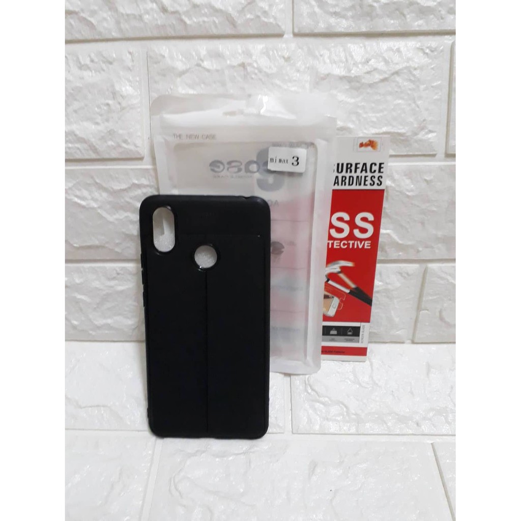 Ốp lưng silicon vân da, chống sốc Auto Focus cho Xiaomi mi max 3 Tặng kính cường lực