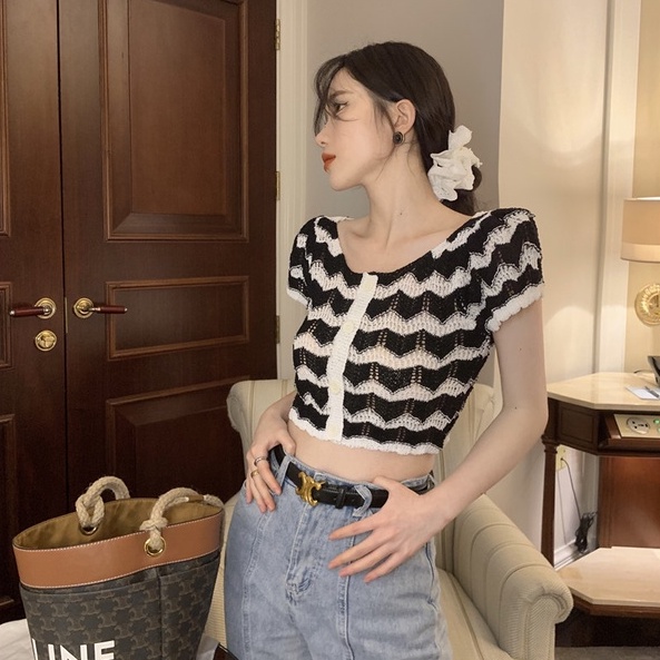 Áo cardigan croptop ZHELIHANGFEI dệt kim tay ngắn họa tiết kẻ sọc thời trang dành cho nữ