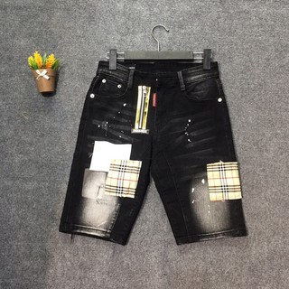 Quần short bò, quần bò ngố dsq khoá lệch, quần ngố nam vá trắng vàng