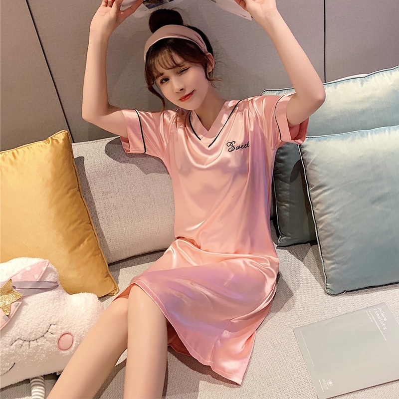 Đồ ngủ Lụa Satin Tay Ngắn Plus Size M-5XL Dành Cho Nữ