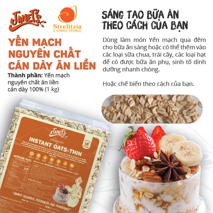 Yến mạch nguyên chất ăn liền Janets 1kg Chile, loại cán dày và cán mỏng