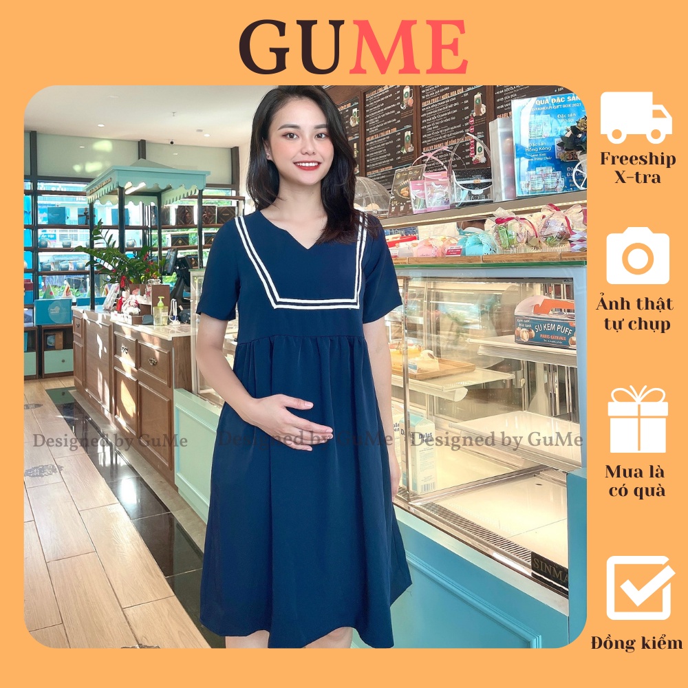 Váy Bầu Công Sở, Đầm Bầu Xanh Viền Thang Trắng MYC1210