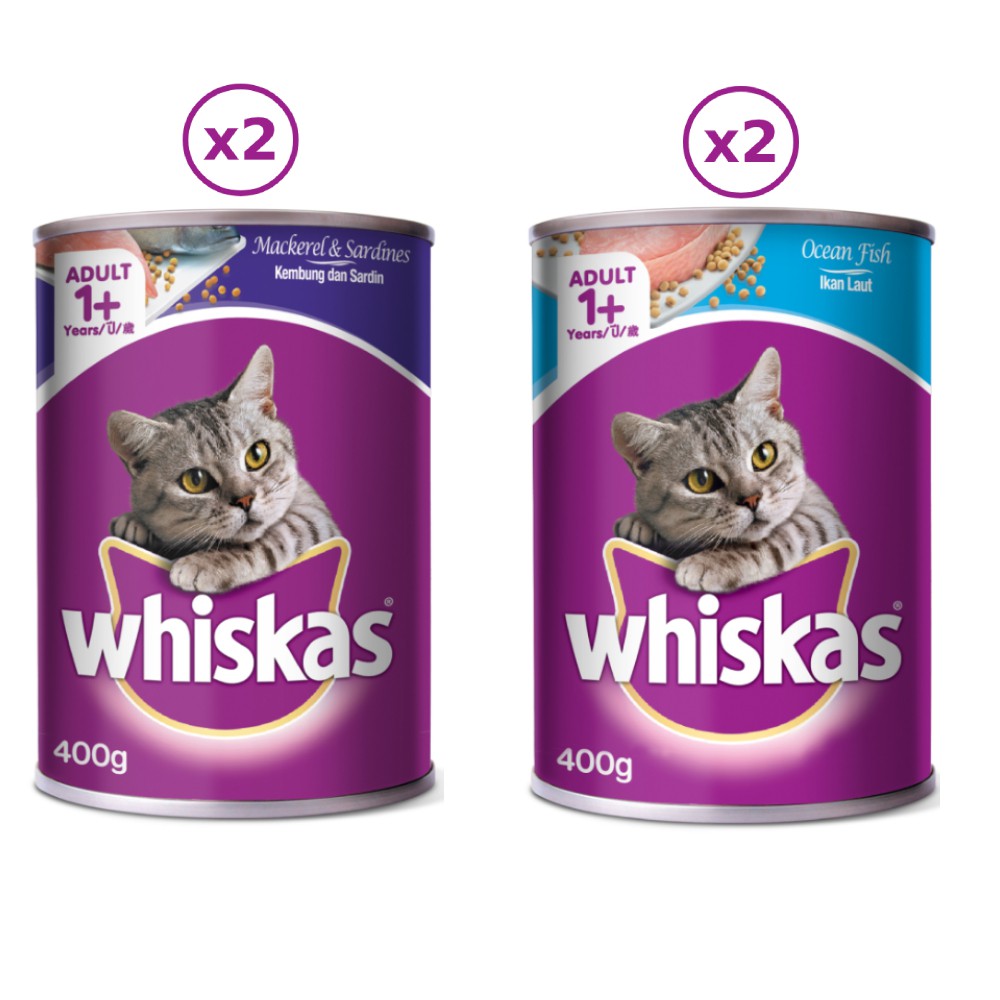 Bộ 4 lon thức ăn pate cho mèo lớn Whiskas 400g/lon: 2 lon cá biển + 2 lon cá thu & cá mòi