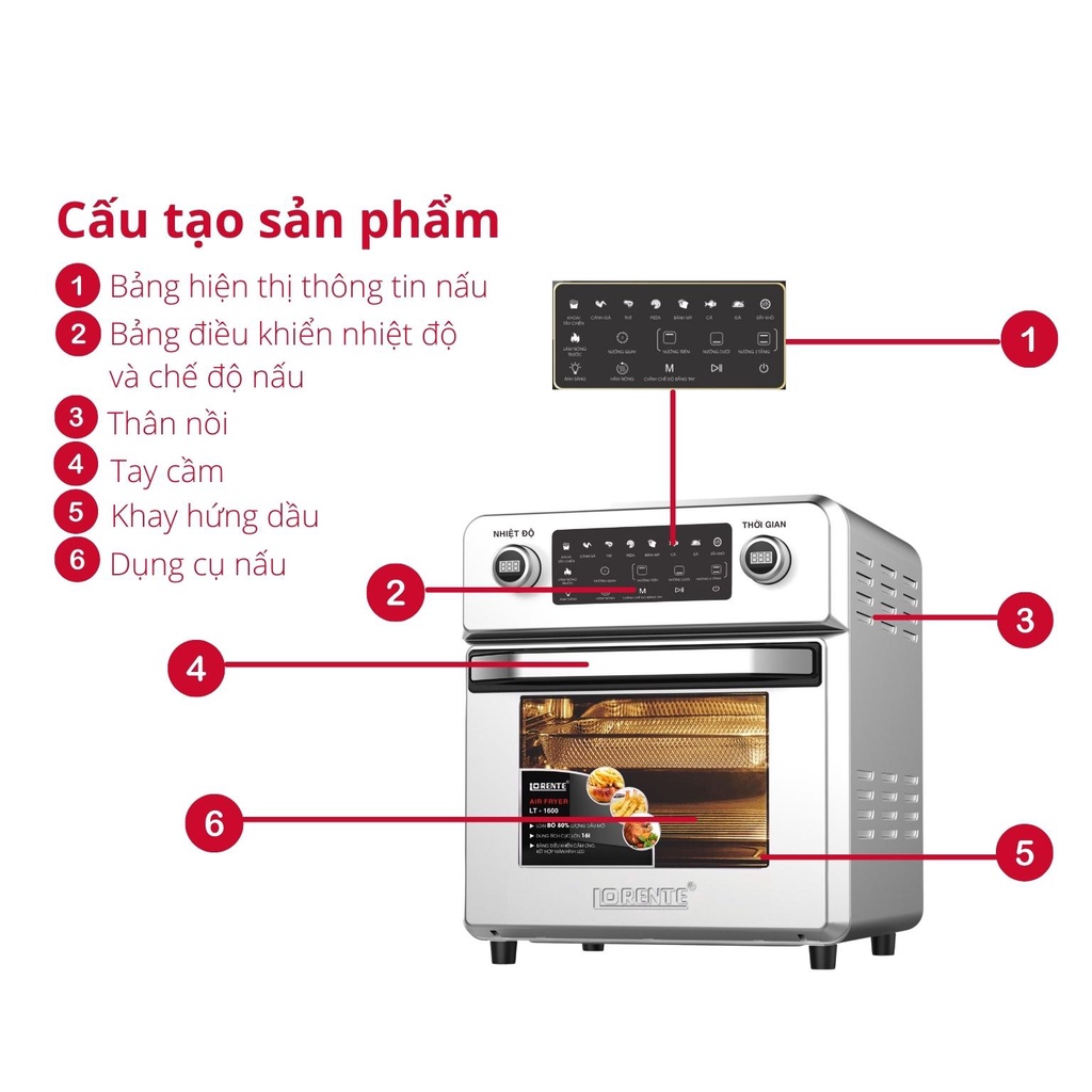 Nồi chiên không dầu Lorente, nồi chiên không dầu điện tử dung tích lớn  Lorente LT-1600 / LT-1500