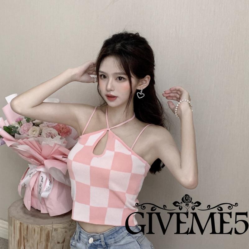 Áo Croptop Hai Dây Họa Tiết Sọc Ca Rô Phong Cách Quyến Rũ Dành Cho Nữ