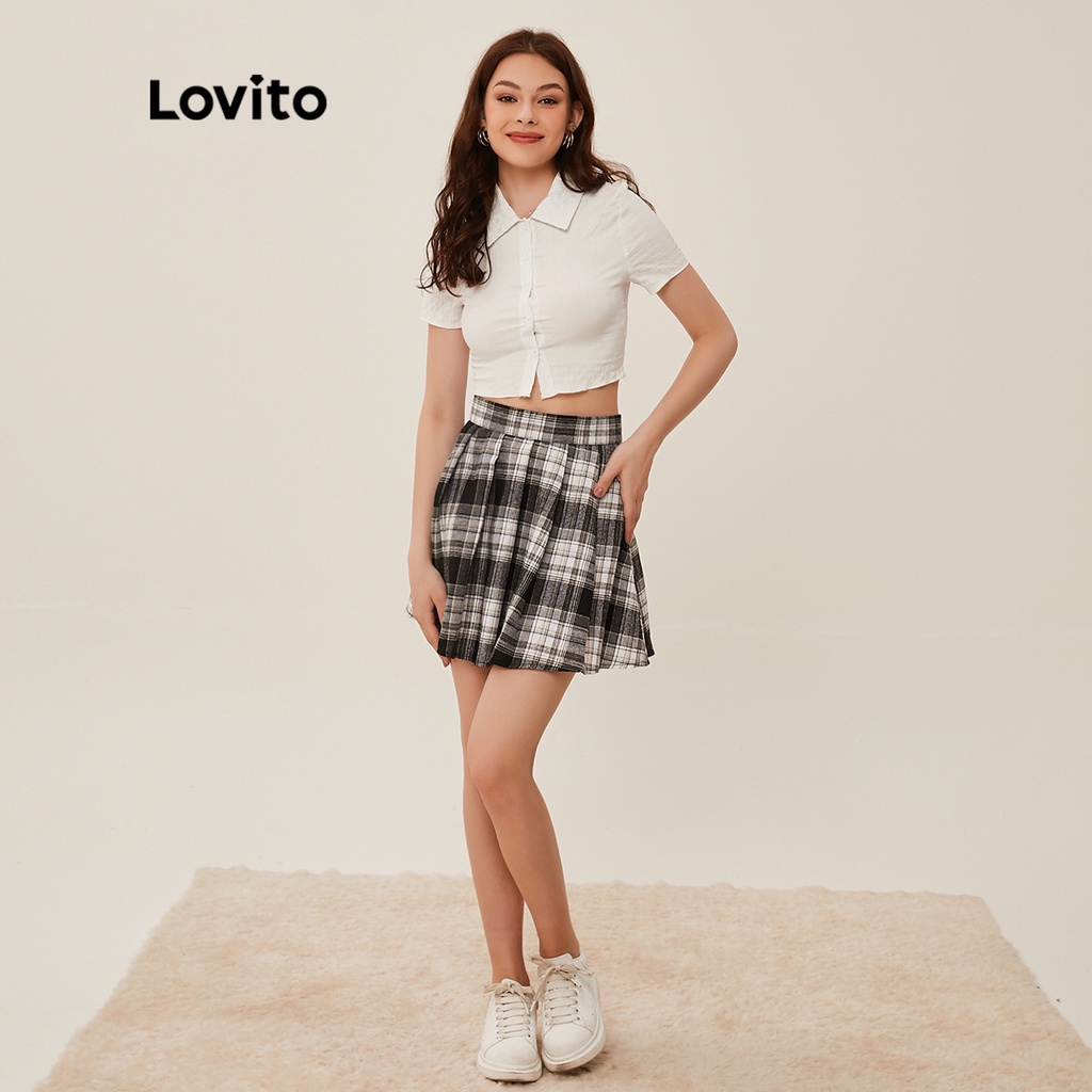 Lovito Chân Váy Xếp Ly Sọc Ca Rô Đen Trắng Thường Ngày Lovito L20D376