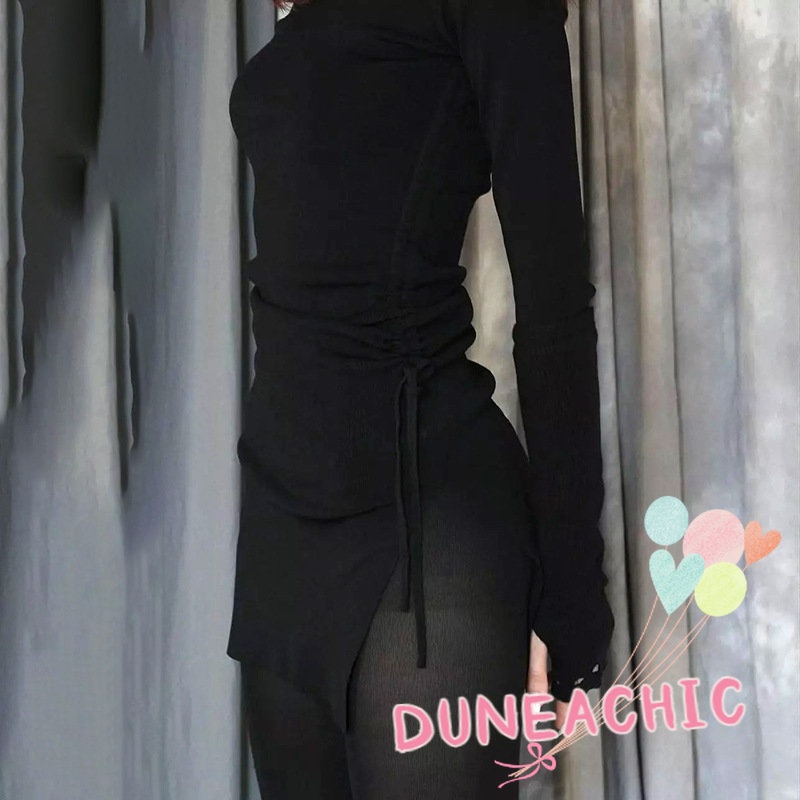 DUNEA Đầm Tay Dài Màu Trơn Thiết Kế Dây Rút Xẻ Tà Phong Cách Nữ Tính