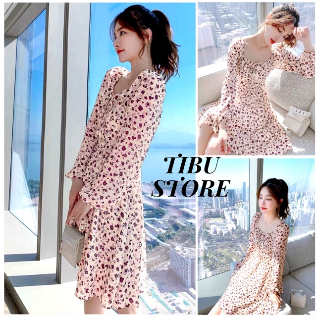 Đầm hoa nhí vintage thắt nơ TIBU, váy maxi body tay phồng tiểu thư xinh xắn