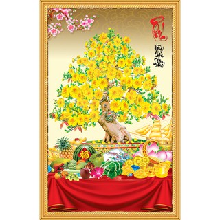 Tranh dán tường 3D VTC Chậu hoa mai chữ Phúc trang trí tết MAI-003 kim sa