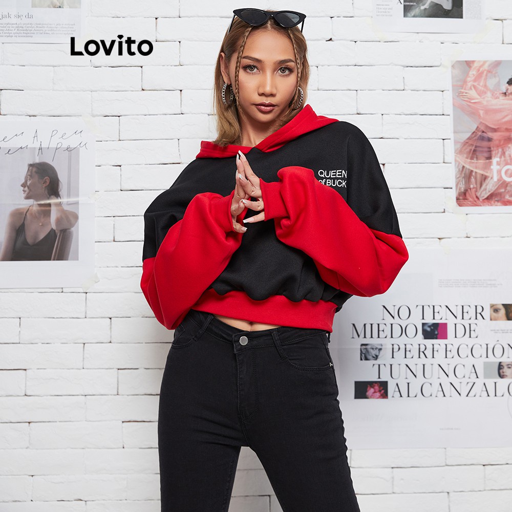 Áo croptop hoodie Lovito in chữ phối khối màu thường ngày L08176 (Màu đen) | BigBuy360 - bigbuy360.vn