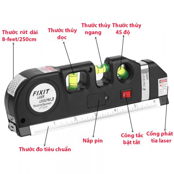 Thước Đo Laser Chữ Thập Căn Mực Kiêm Thước 2.5m 4in1