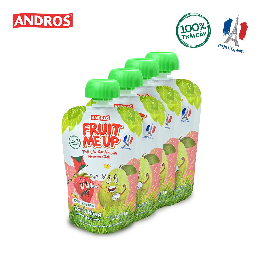 Combo 4 Túi Trái Cây Xay Nhuyễn Vị Dâu Ổi hồng - 100% trái cây thật - ANDROS FRUIT ME UP - 90gx4