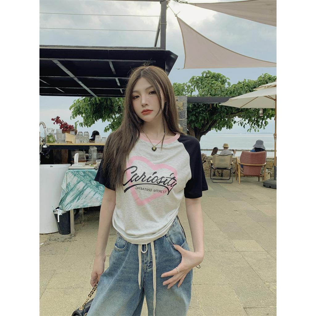 Áo Chui Đầu Tay Ngắn Cổ Tròn Phối Dây Rút In Họa Tiết Xinh Xắn