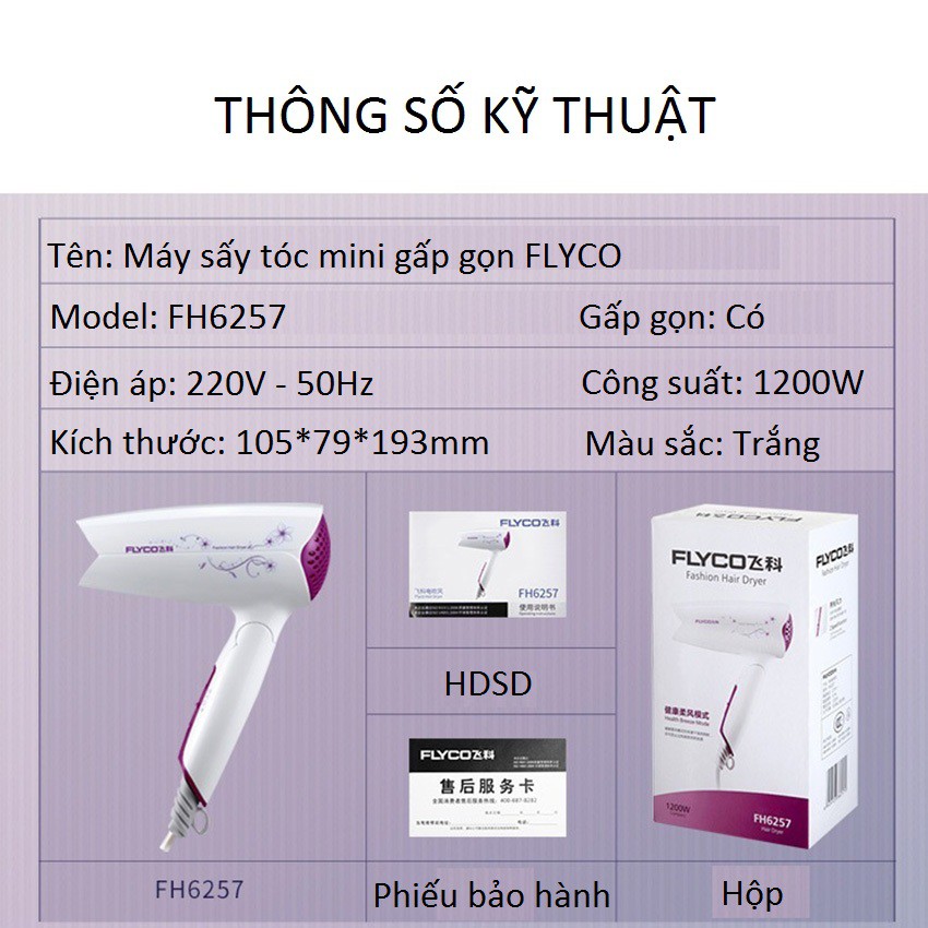 Máy sấy tóc mini chính hãng FLYCO, Máy sấy tóc mini chính hãng gấp gọn FLYCO 6257 loại tốt