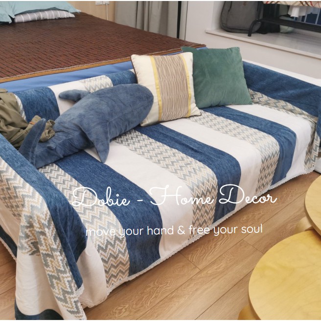 [CÓ SẴN] Chăn thảm phủ ghế sofa phong cách Bắc Âu/BOHEMIAN ZICZAC TRẮNG XANH