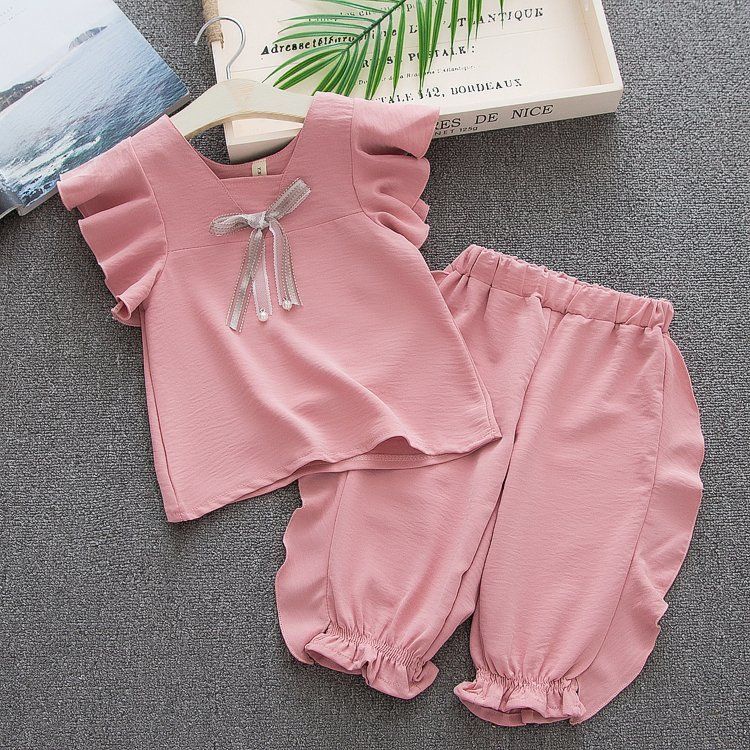 Set Đồ Mùa Hè 2 Món Gồm Áo Tay Bay Đính Nơ Không Tay Và Quần Dài Thời Trang Hàn Quốc Cho Bé Gái