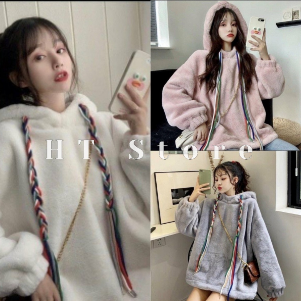 Áo Hoodie , Dáng Rộng Kèm Mũ 3 Màu ,Lông Đan Dây Phối Màu dưới 65kg G064 - HT STORE