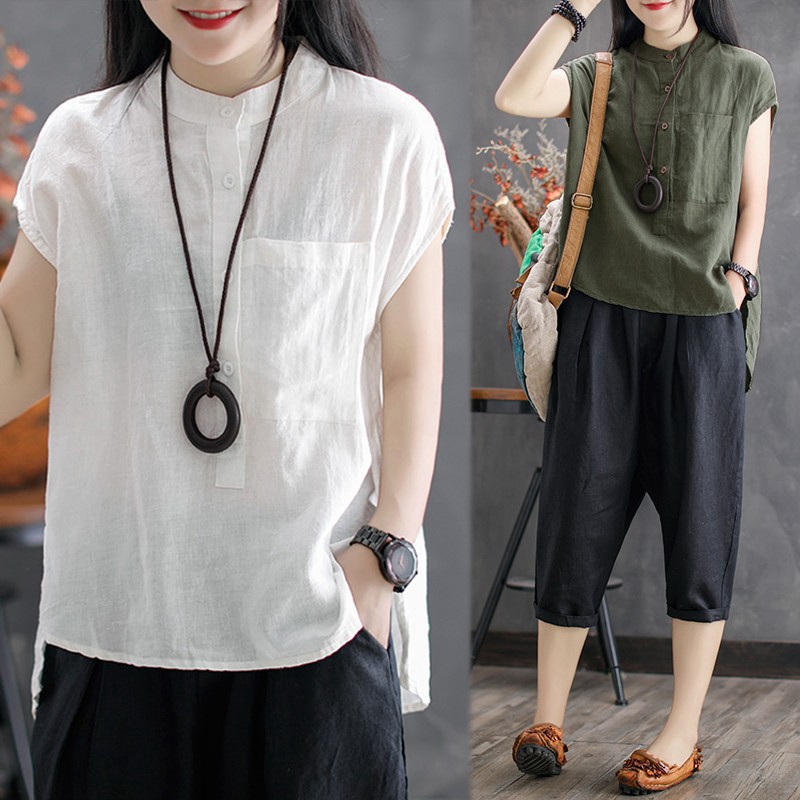 ZANZEA Áo tay ngắn cổ tròn chất liệu cotton thiết kế màu trơn trẻ trung mặc hàng ngày