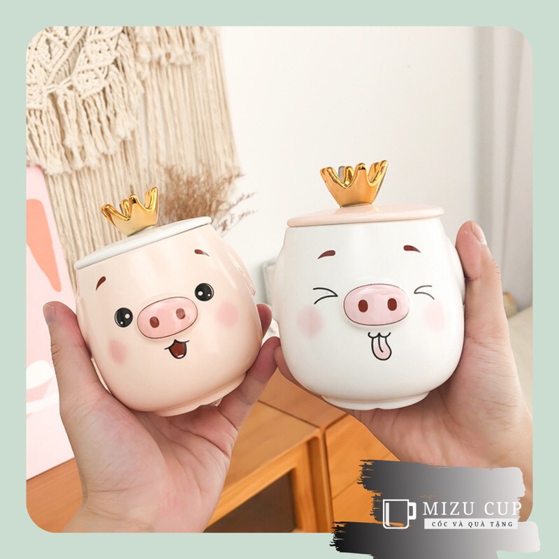 Cốc gốm sứ cao cấp hình heo con dễ thương kèm nắp thìa