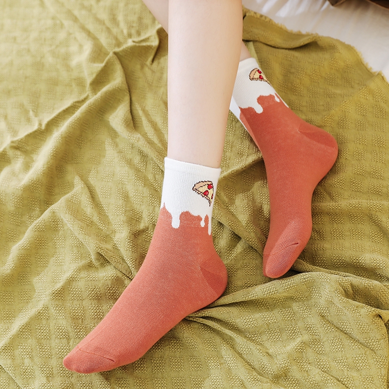 Korean Ins Cute Food Print Women Socks Cartoon Colorful Long Crew Female Cotton Socks Donuts Pizza Cake Eggs Pattern Funny Socks