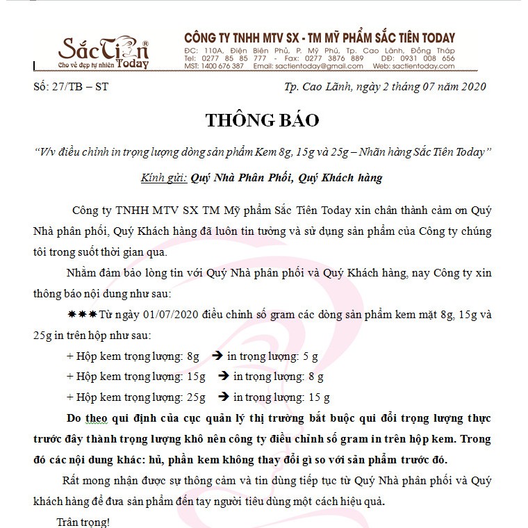 Kem trắng da giữ ẩm chống nắng Sắc Tiên Today 15gr