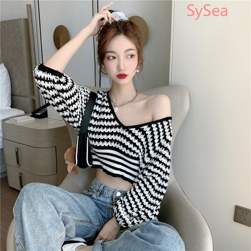 Áo Sweater Dệt Kim Tay Dài Cổ Chữ V Phong Cách Retro Cho Nữ