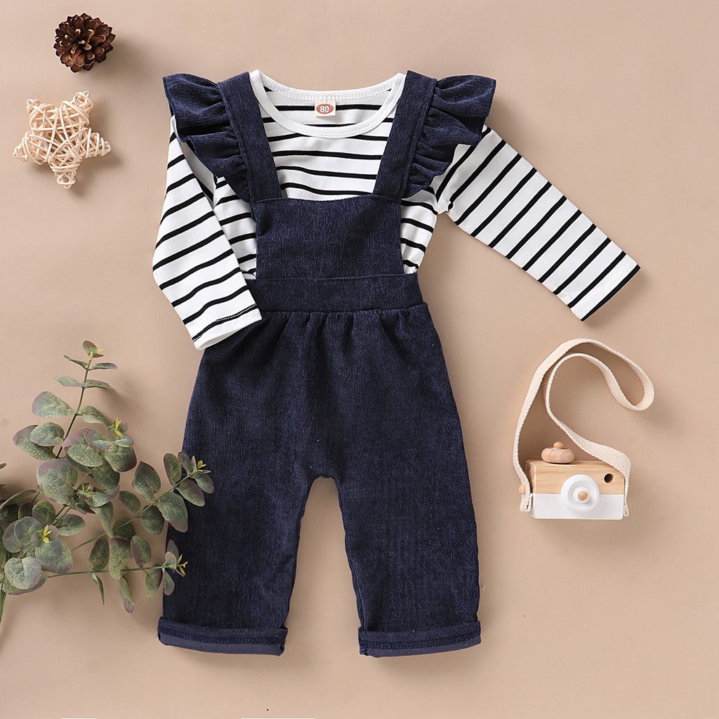 Bộ trang phục MIKRDOO áo tay dài hoạ tiết kẻ sọc và quần có dây đeo vai cotton thời trang mùa thu xinh xắn cho bé gái