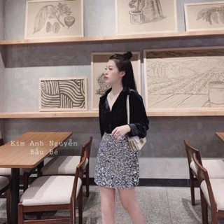 Sét áo sơmi nhung mix chân váy kim tuyến