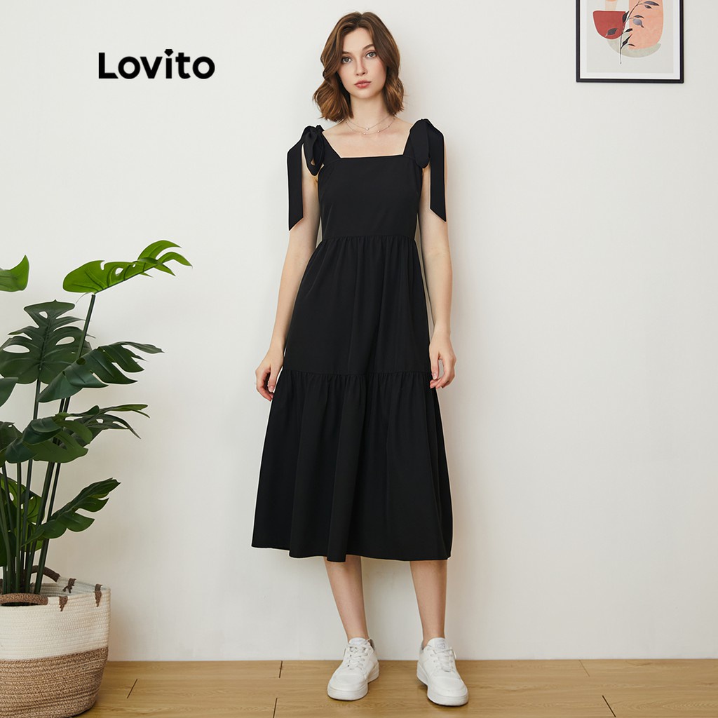Lovito váy đầm xòe trơn đơn giản Thiếu dây đai có thể điều chỉnh L24AE020 (Đen)