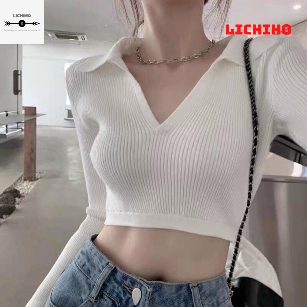 Áo croptop nữ cổ tim nơ lưng tay dài CT11 LICHIHO áo thun nữ quyến rủ