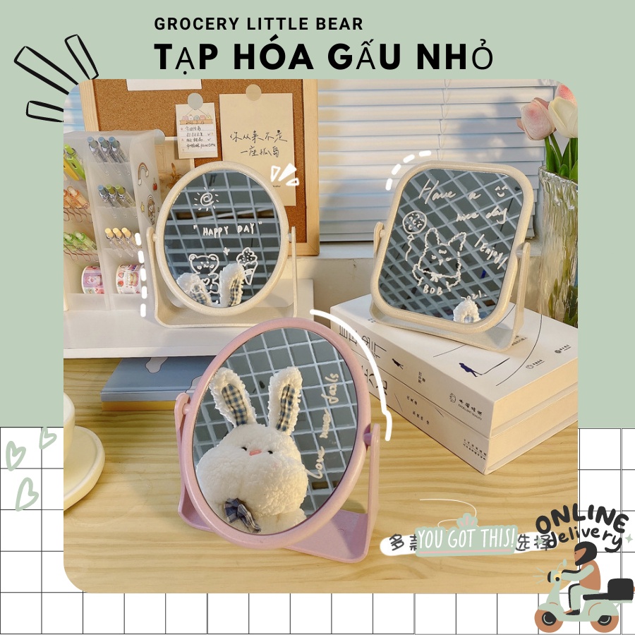 Gương trang điểm lúa mạch 2 mặt xoay 360 độ để bàn siêu đẹp - taphoagaunho