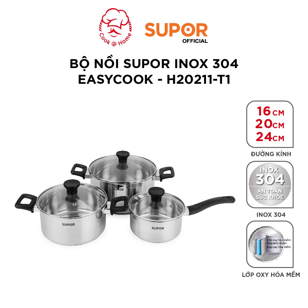 Bộ nồi Supor inox 304 Easycook size 16, 20, 24cm - H20211-T1