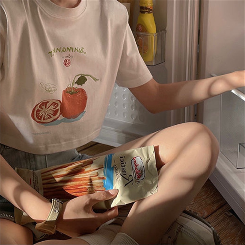 Áo thun croptop SUXI eo cao tay ngắn cổ tròn in hình trái cây đơn giản thời trang mùa hè cho nữ