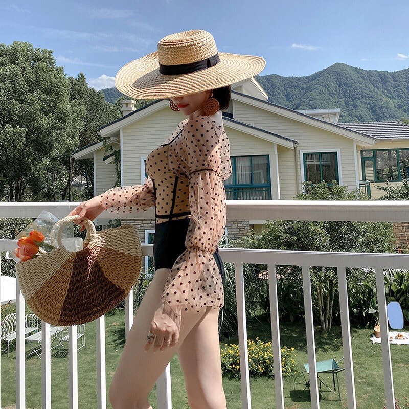 Bikini Dài Tay Chấm Bi - Đồ Bơi 1 Mảnh Tay Voan Chấm Bi - Monokini Đẩy Ngực